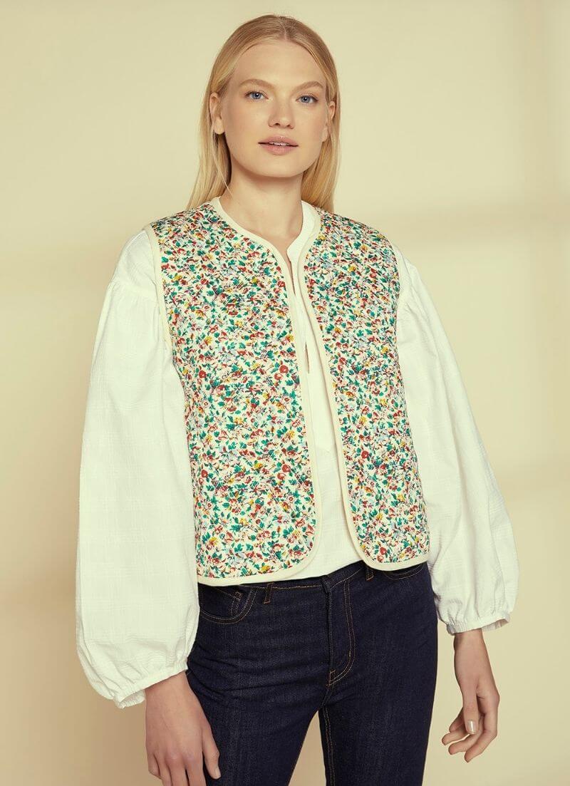 Veste sans manches r versible blanc motif fleuri en coton