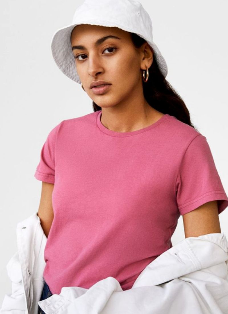 T-shirt framboise coton bio certifié Vegan Raspberry Pink colorblock couleur tendance col rond rose couleur vive